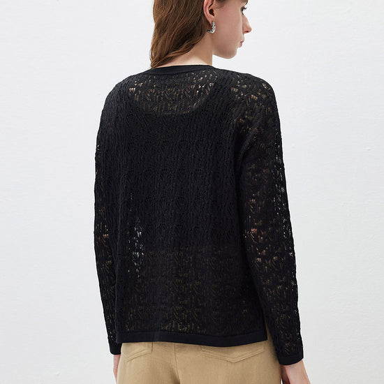 COMOBOCA Women's Openwork Round Neck Knit Sweater
