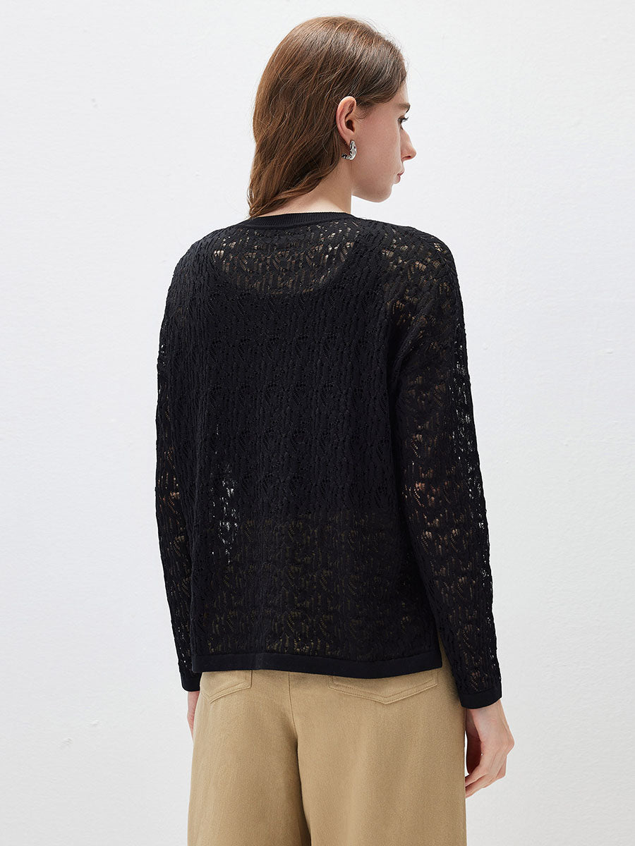 COMOBOCA Women's Openwork Round Neck Knit Sweater