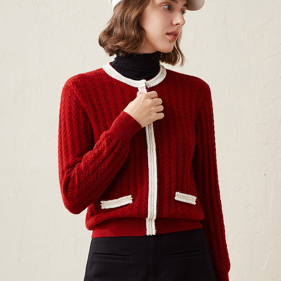 COMOBOCA Red 100% Cashmere Women's Pocket Faux Cardigan Sweater