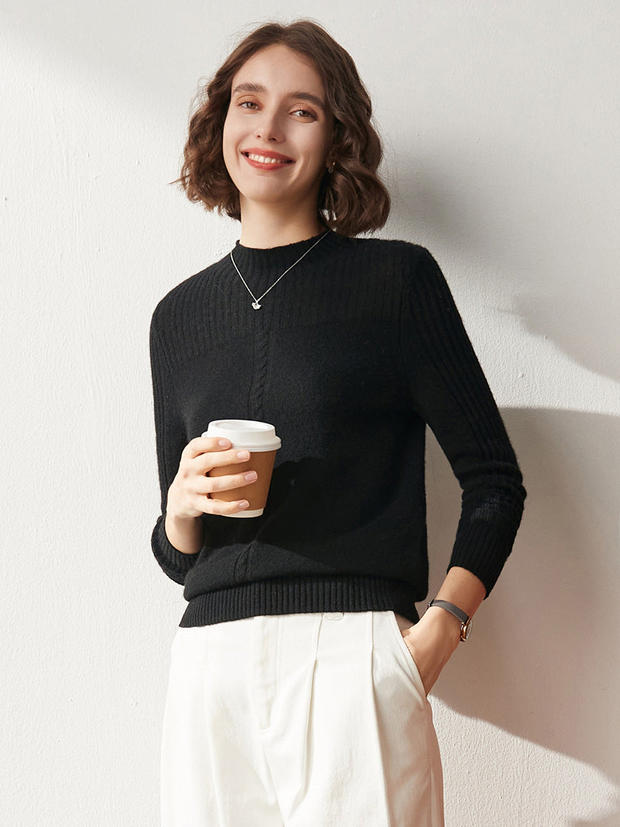 COMOBOCA XL BLACK 100% Cashmere Women's Mock Neck Cable Knit Sweater
