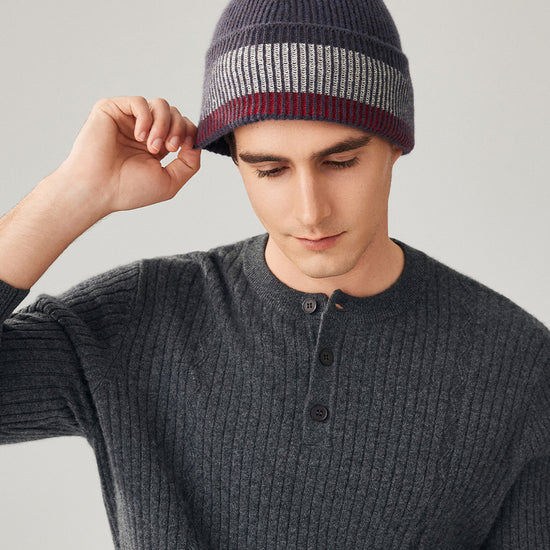 COMOBOCA Purple Gray 100% Wool Men's Striped Ribbed Knit Beanie
