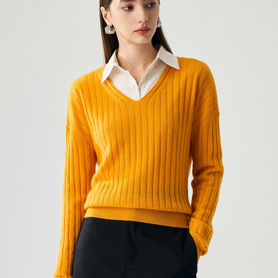 COMOBOCA Orange 100% Cashmere Women's Cozy Ribbed V-Neck Sweater