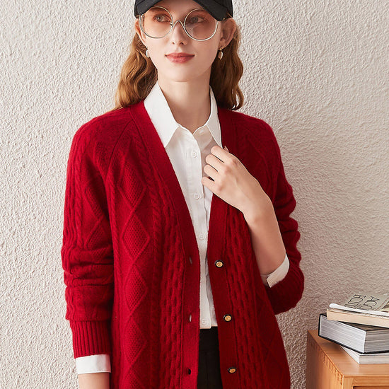 COMOBOCA Red 100% Cashmere Women's V-Neck Cable Knit Cardigan