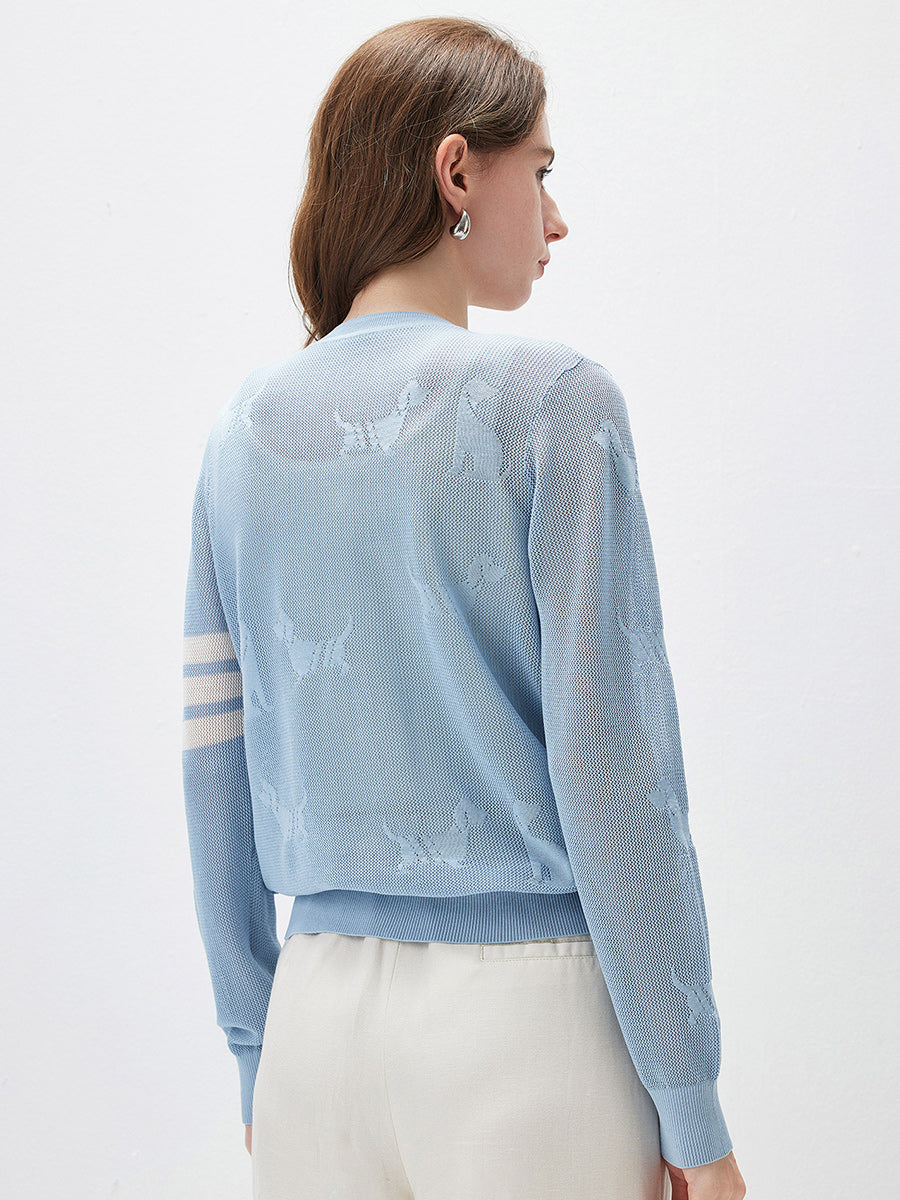 COMOBOCA Women's Pet Pointelle Knit Round Neck Cardigan