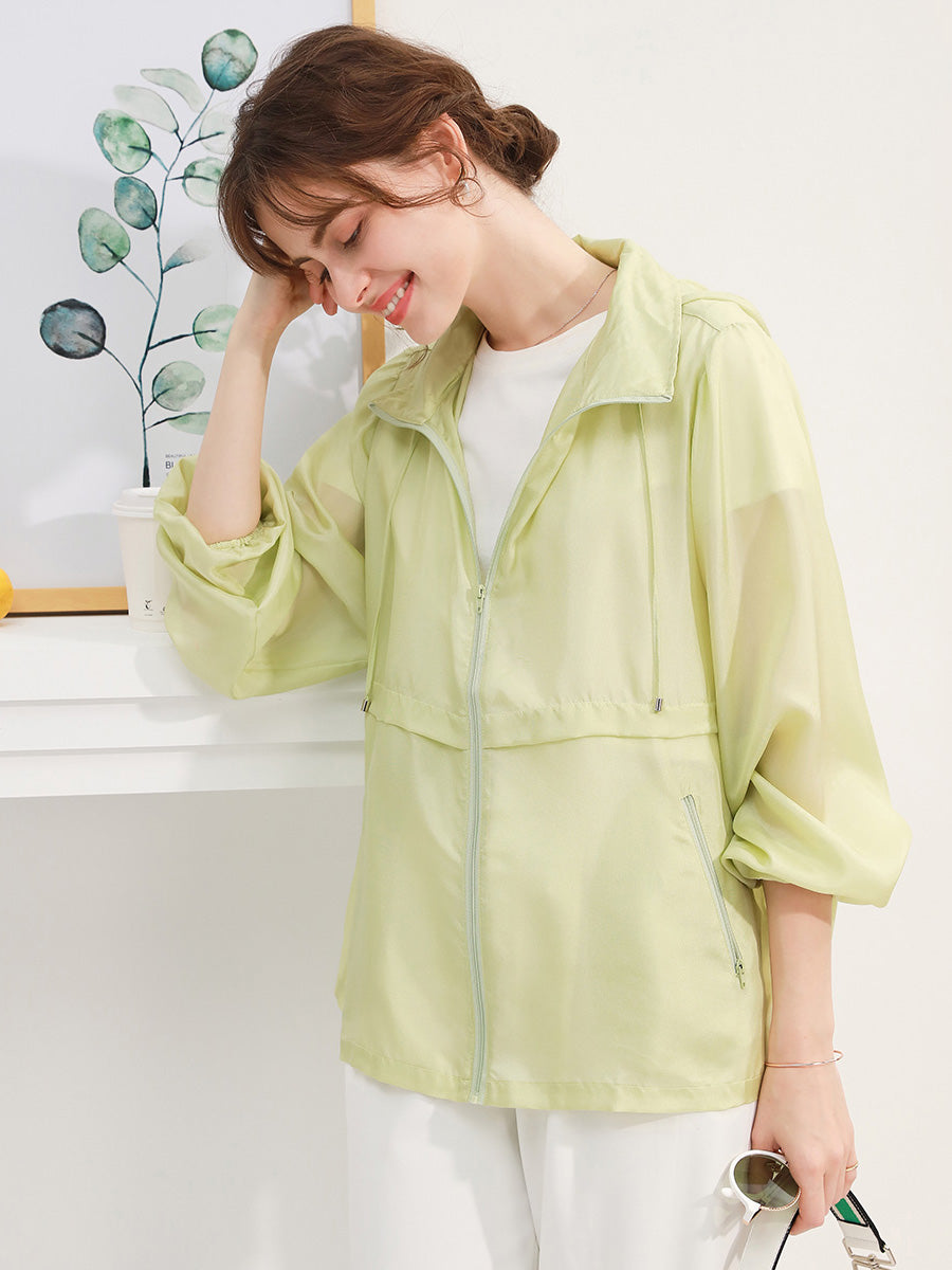 COMOBOCA One size Light Yellow 100% Mulberry Silk Women's Zip Up Hooded Jacket