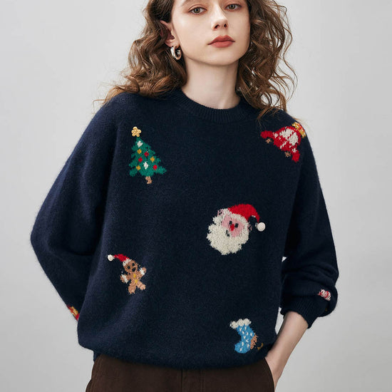 COMOBOCA Women's Wool Christmas Themed Round Neck Sweater