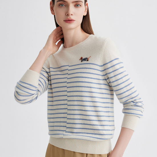 COMOBOCA 100% Cashmere Women's Striped Round Neck Sweater
