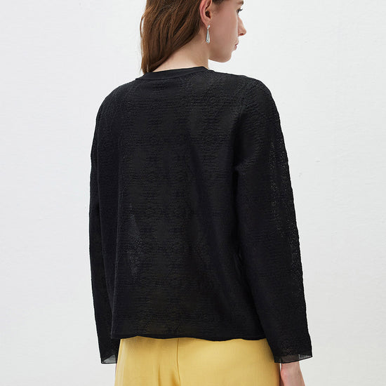 COMOBOCA Women's Textured Sheer Knit Round Neck Sweater