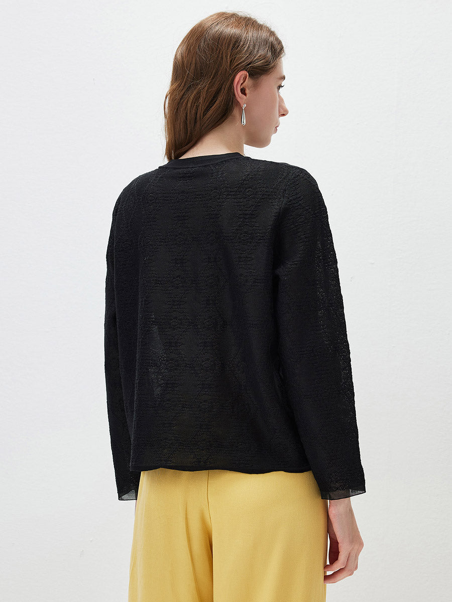 COMOBOCA Women's Textured Sheer Knit Round Neck Sweater