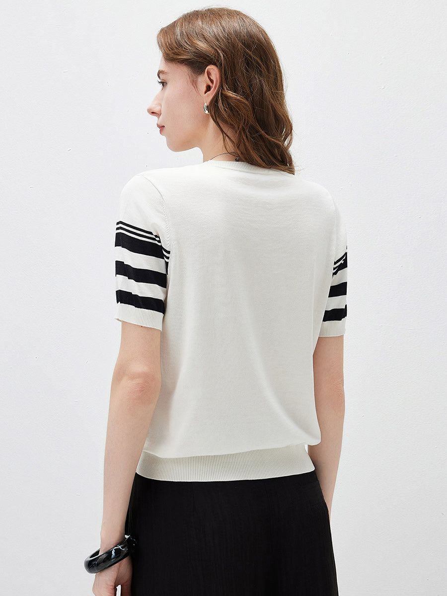 COMOBOCA Women's Contrast Stripe Knit T-Shirt