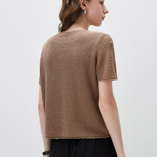 COMOBOCA Women's Openwork Round Neck Knit T-Shirt