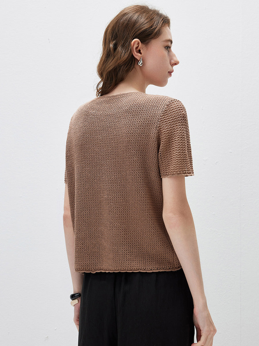 COMOBOCA Women's Openwork Round Neck Knit T-Shirt