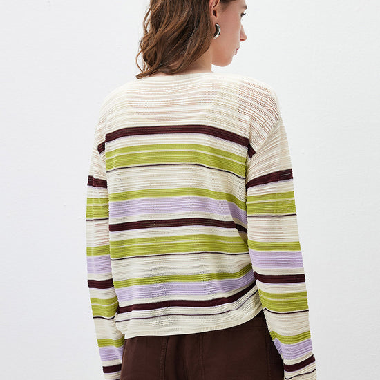 COMOBOCA Women's Striped Mesh Ruched Drawstring Knit Sweater