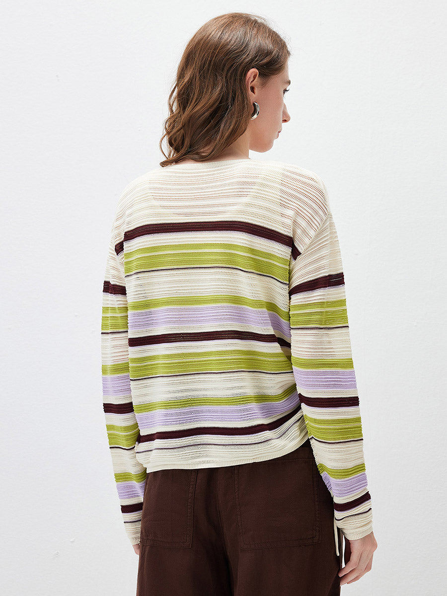 COMOBOCA Women's Striped Mesh Ruched Drawstring Knit Sweater