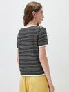 Women’s Round-Neck Linen Blend Dopamine Striped Knit Short Sleeve Top with Contrast Trim
