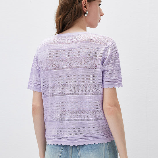 COMOBOCA Women's Scalloped Hem Openwork Knit Cardigan