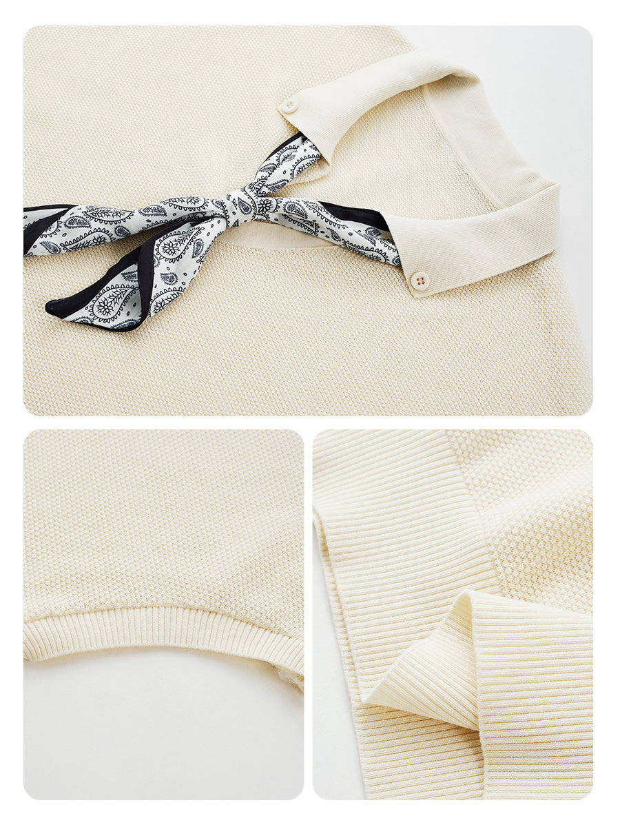 COMOBOCA Women's Paisley Scarf Polo Collar Waffle Knit T-Shirt