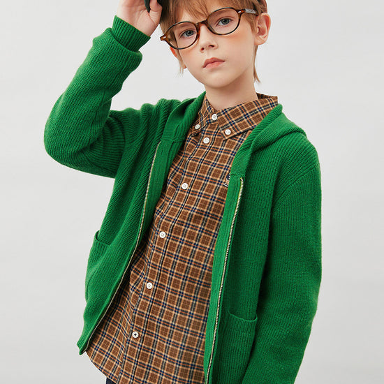 COMOBOCA 100% Wool Kids' Ribbed Zip Up Hooded Cardigan