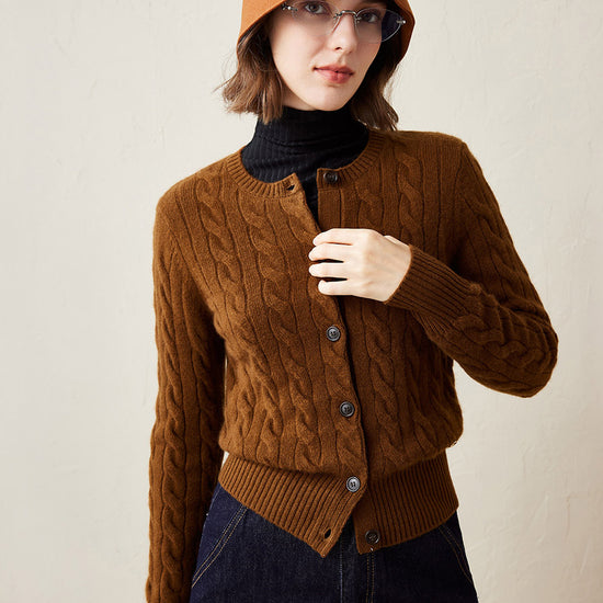 COMOBOCA Coffee 100% Cashmere Women's Cable Knit Button Cardigan