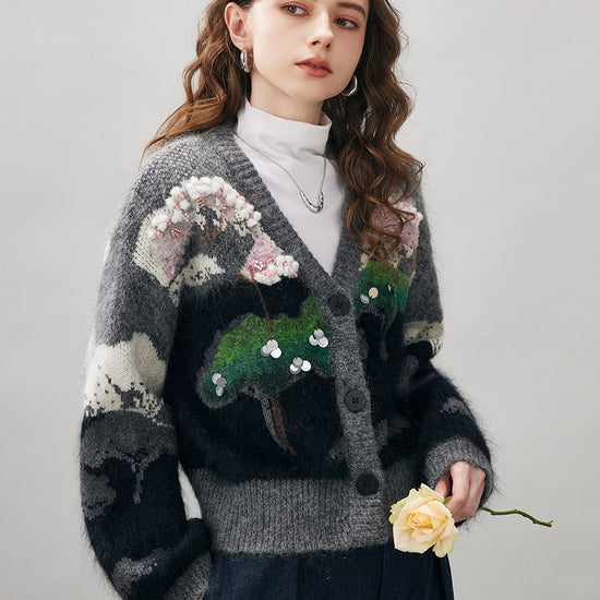 COMOBOCA Women's Landscape Patterned Knit Cardigan