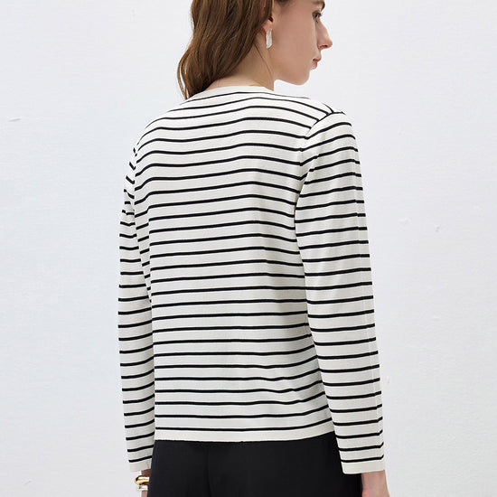 COMOBOCA Women's Striped Henley Button Knit Sweater