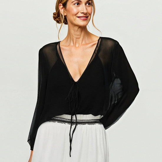 COMOBOCA Black 100% Mulberry Silk Women's Tie-Front Blouse