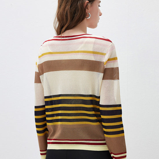 COMOBOCA Women's Multi Striped Mesh Knit Round Neck Sweater