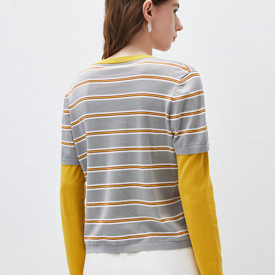 COMOBOCA Women's Layered Striped Round Neck Knit Sweater