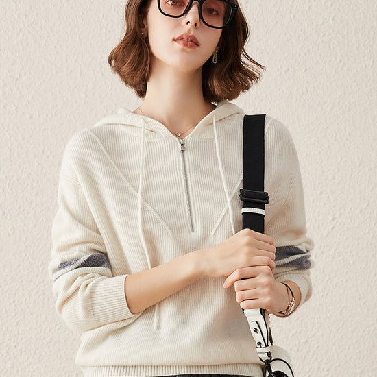 COMOBOCA White 100% Cashmere Women's Half Zip Sweater Knit Hoodie