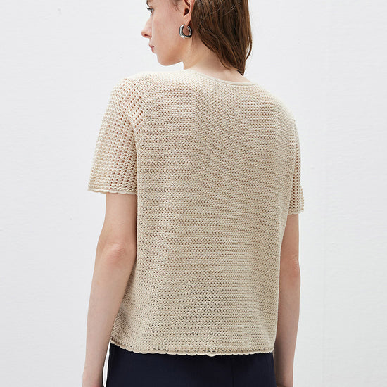 COMOBOCA Women's Openwork Round Neck Knit T-Shirt