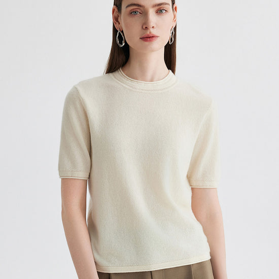 COMOBOCA Beige 100% Cashmere Women's Round Neck T-Shirt