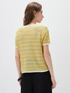 Women’s Round-Neck Linen Blend Dopamine Striped Knit Short Sleeve Top with Contrast Trim