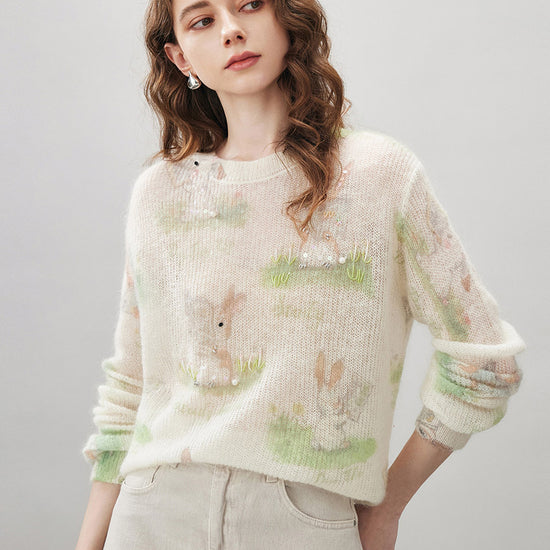 COMOBOCA Floral Women's Bunny Printed Round Neck Sweater