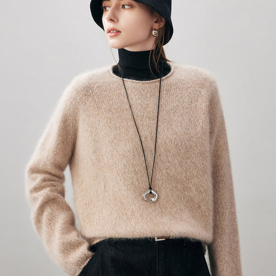 COMOBOCA Camel 100% Wool Women's Fuzzy Round Neck Sweater