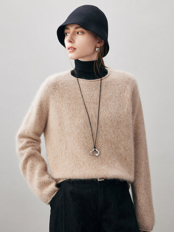 COMOBOCA Camel 100% Wool Women's Fuzzy Round Neck Sweater