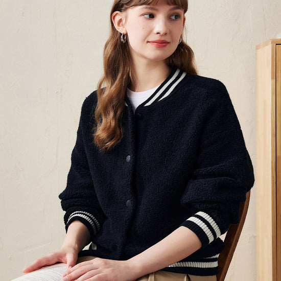 COMOBOCA 100% Wool Women's Striped Ribbing Jacket