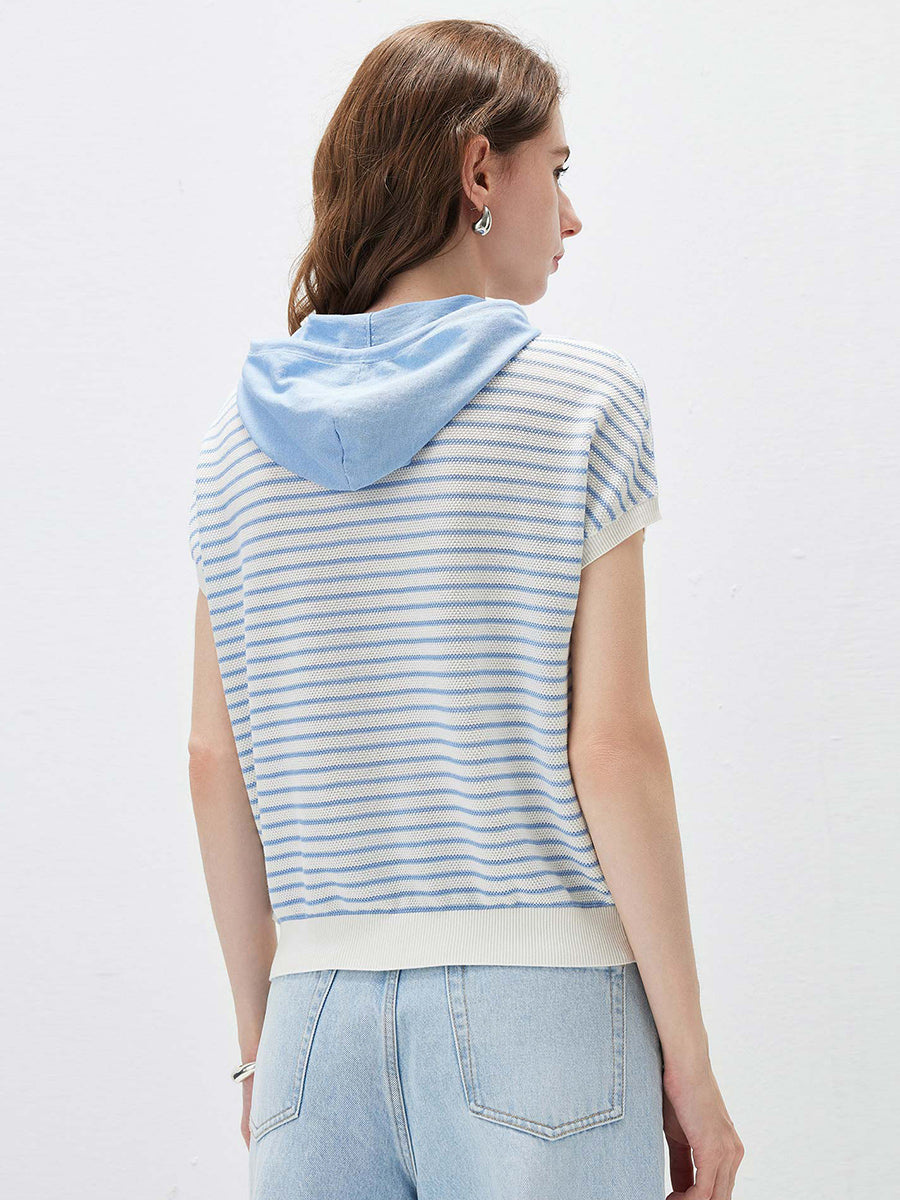 COMOBOCA Women's Striped Contrast Hooded Knit T-Shirt