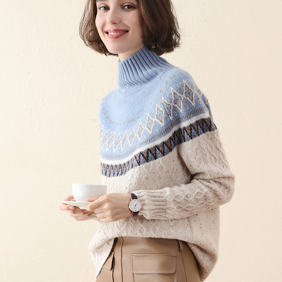 COMOBOCA 100% Cashmere Women's Mock Neck Fair Isle Cable Knit Sweater