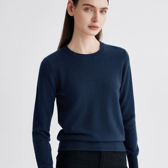 COMOBOCA Navy Blue 100% Cashmere Women's Round Neck Sweater