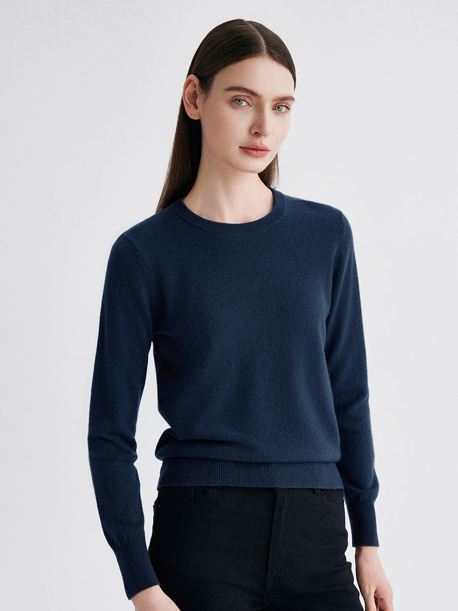 COMOBOCA Navy Blue 100% Cashmere Women's Round Neck Sweater