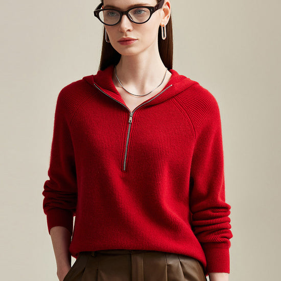 COMOBOCA 100% Cashmere Women's Zip-Up Ribbed Hoodie