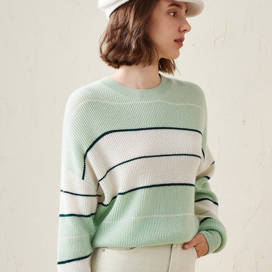 COMOBOCA Light Green 100% Cashmere Women's Striped Crewneck Sweater