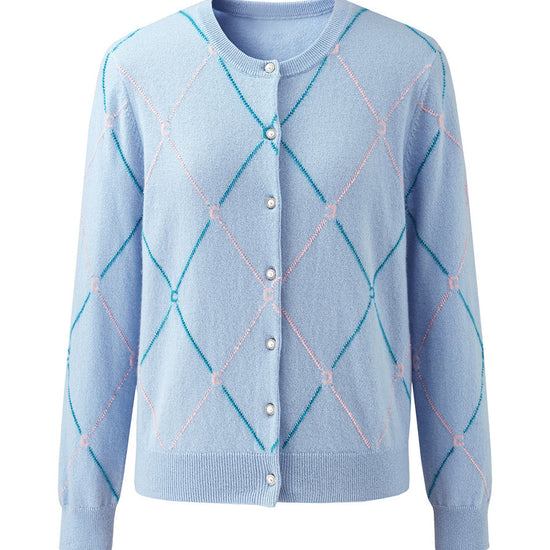 COMOBOCA 100% Cashmere Women's Diamond Patterned Pearl Button Cardigan