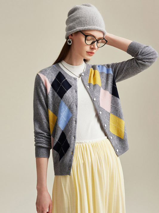 COMOBOCA 100% Cashmere Women's Argyle Pattern Button-Up Cardigan