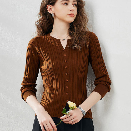 COMOBOCA Bronze Women's Ribbed V-Neck Faux Cardigan Sweater