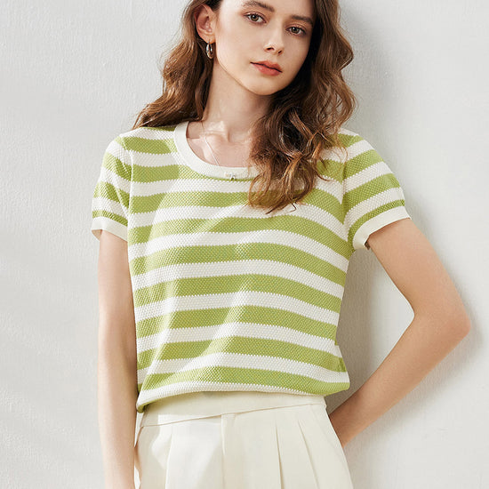 COMOBOCA Bright Green Women's Striped Ribbed Knit T-Shirt