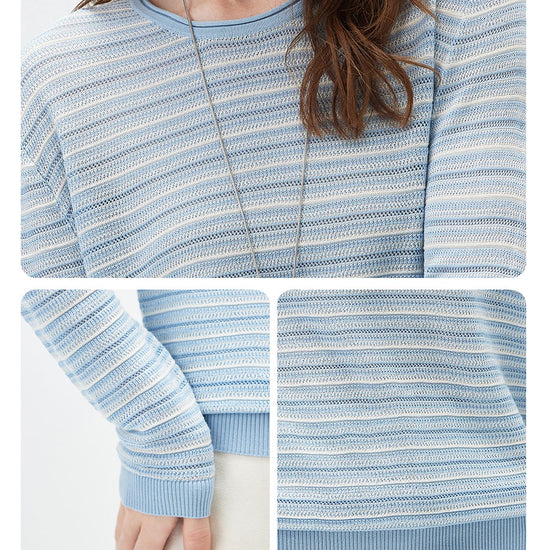 COMOBOCA Women's Striped Mesh Knit Round Neck Sweater