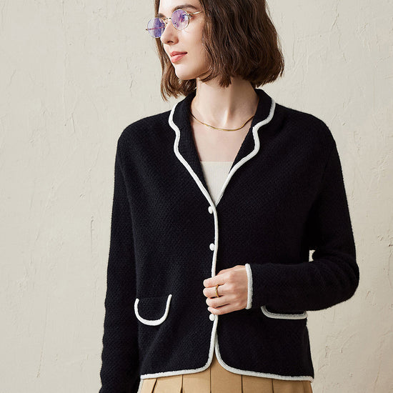COMOBOCA Black 100% Cashmere Women's Contrast Trim Knit Cardigan