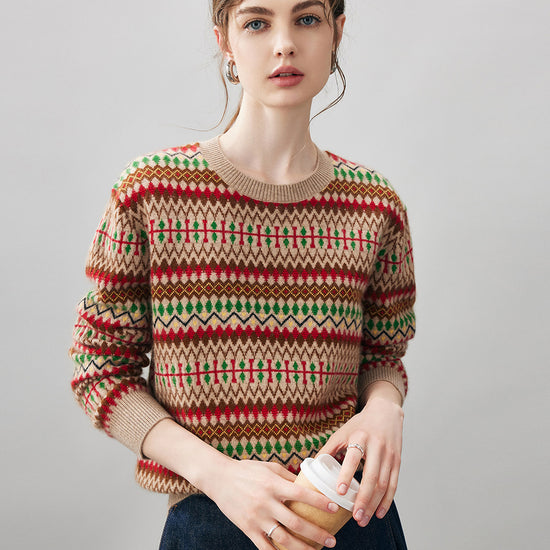 COMOBOCA Fair Isle 100% Cashmere Women's Fair Isle Round Neck Sweater