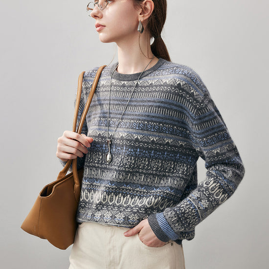 COMOBOCA 100% Cashmere Women's Fair Isle Round Neck Sweater